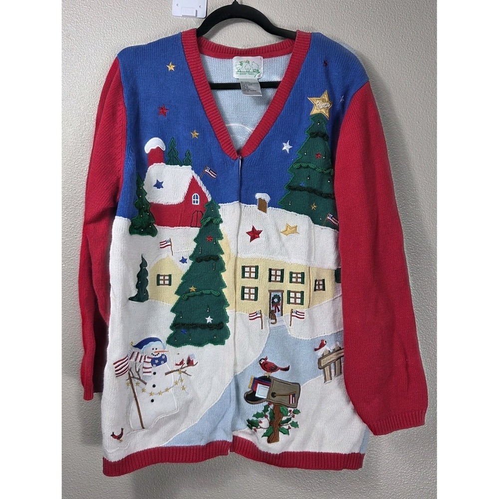 Vintage The Quacker Factory Patriotic Christmas Cardigan 1X Americana Holiday